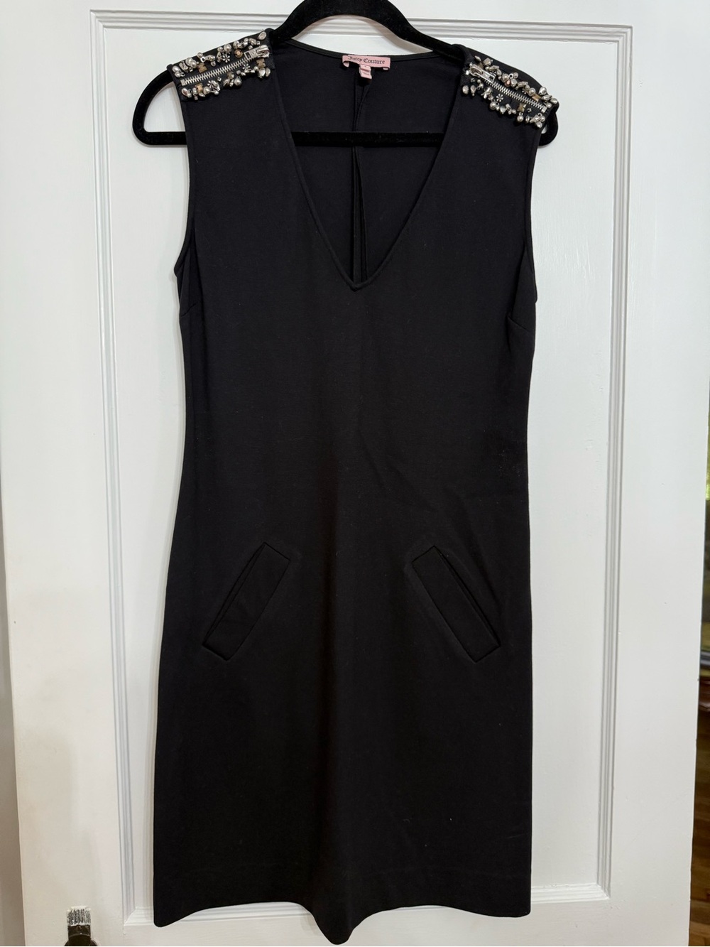 Juicy Couture Black Ponte Shift Mini Dress Embellished Stud & Zipper Shoulders